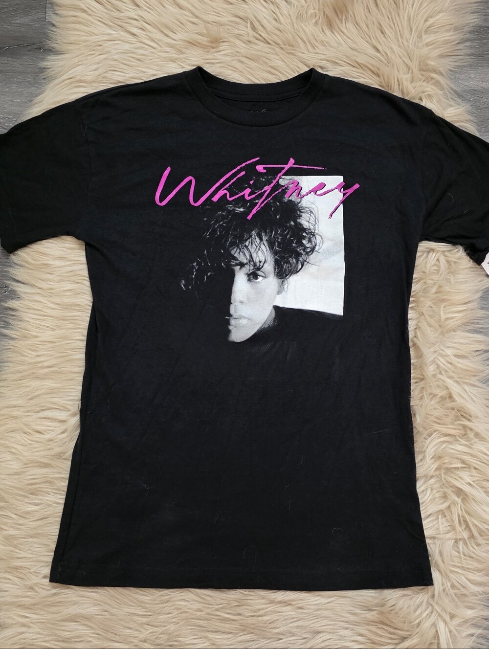 Whitney Houston Graphic Tee Black with Pink Script Women's Size Small